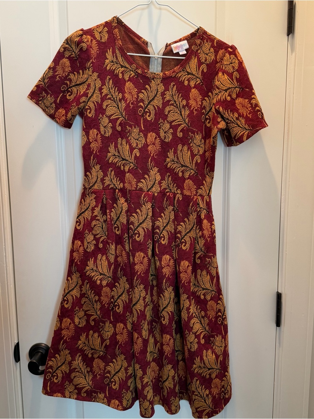 LuLaRoe Burgundy and Gold Jacquard Fit & Flare Dress